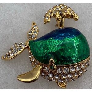 Vintage Whale Brooch Blue Green Enamel Rhinestone Gold Tone Ocean Theme Pin